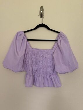 miami Lavender Smocked Puff-Sleeve Peplum Top Size M